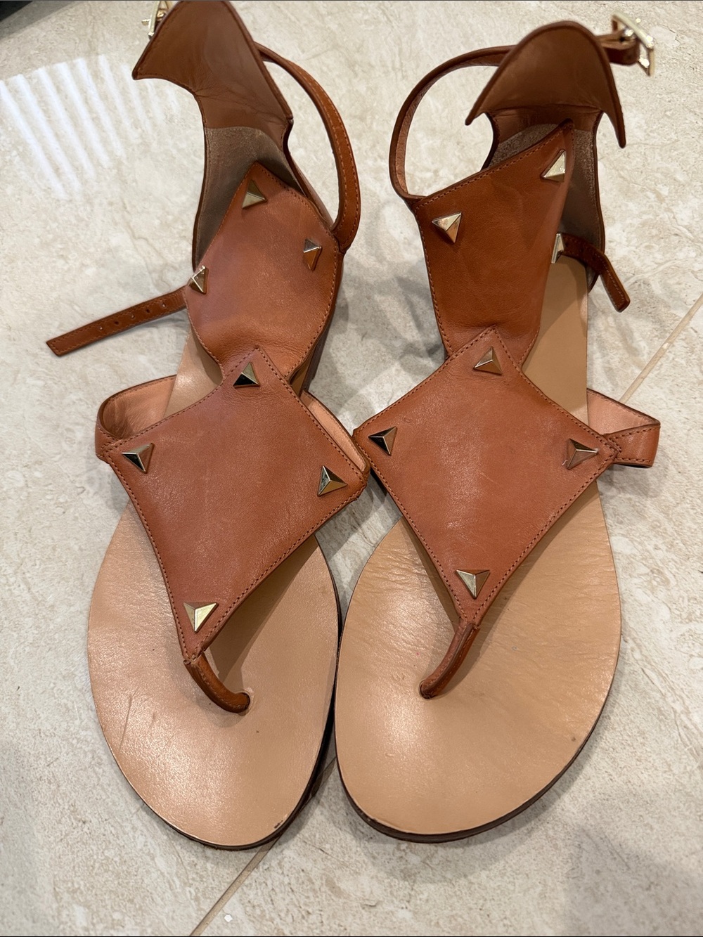 Sigerson Morrison Cognac Brown Leather Stud-T Sandals